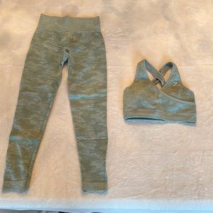 Gymshark Camo Seamless Leggings and Sports Bra set in sage green in size small